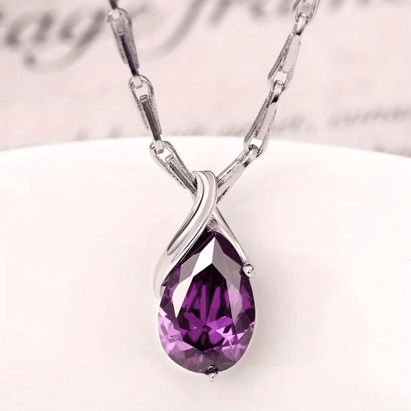 TEMU Elegant Amethyst Teardrop Necklace - Shimmering Silver Coating For Weddings, Engagements, And Bridal Events - Gift For Her On Anniversaries