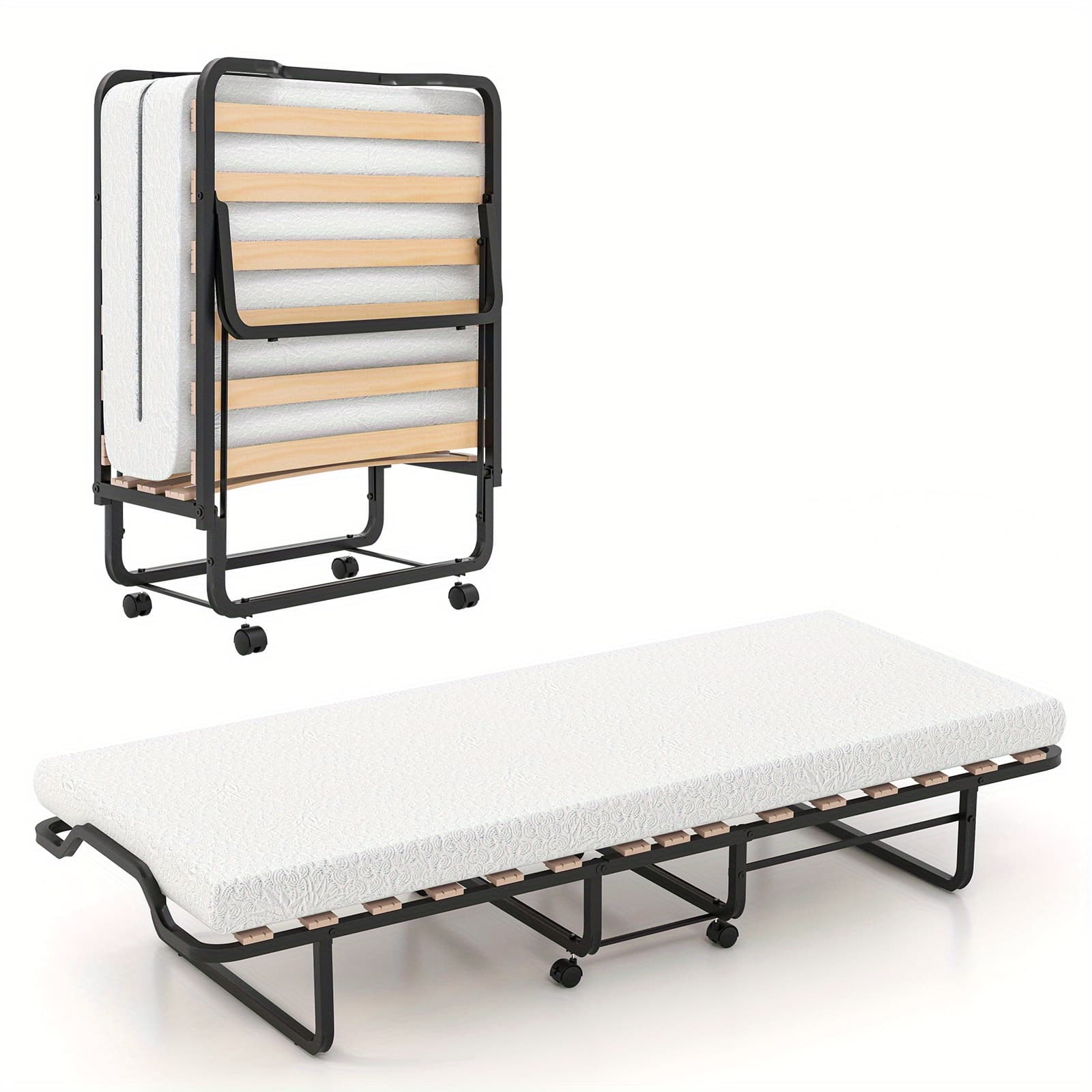 TEMU Multigot Twin Folding Bed With Mattress, Guest Bed For Adult, Space-saving Bed For , Portable Metal Bed Frame With Foam Mattress, 2 Lockable Wheels