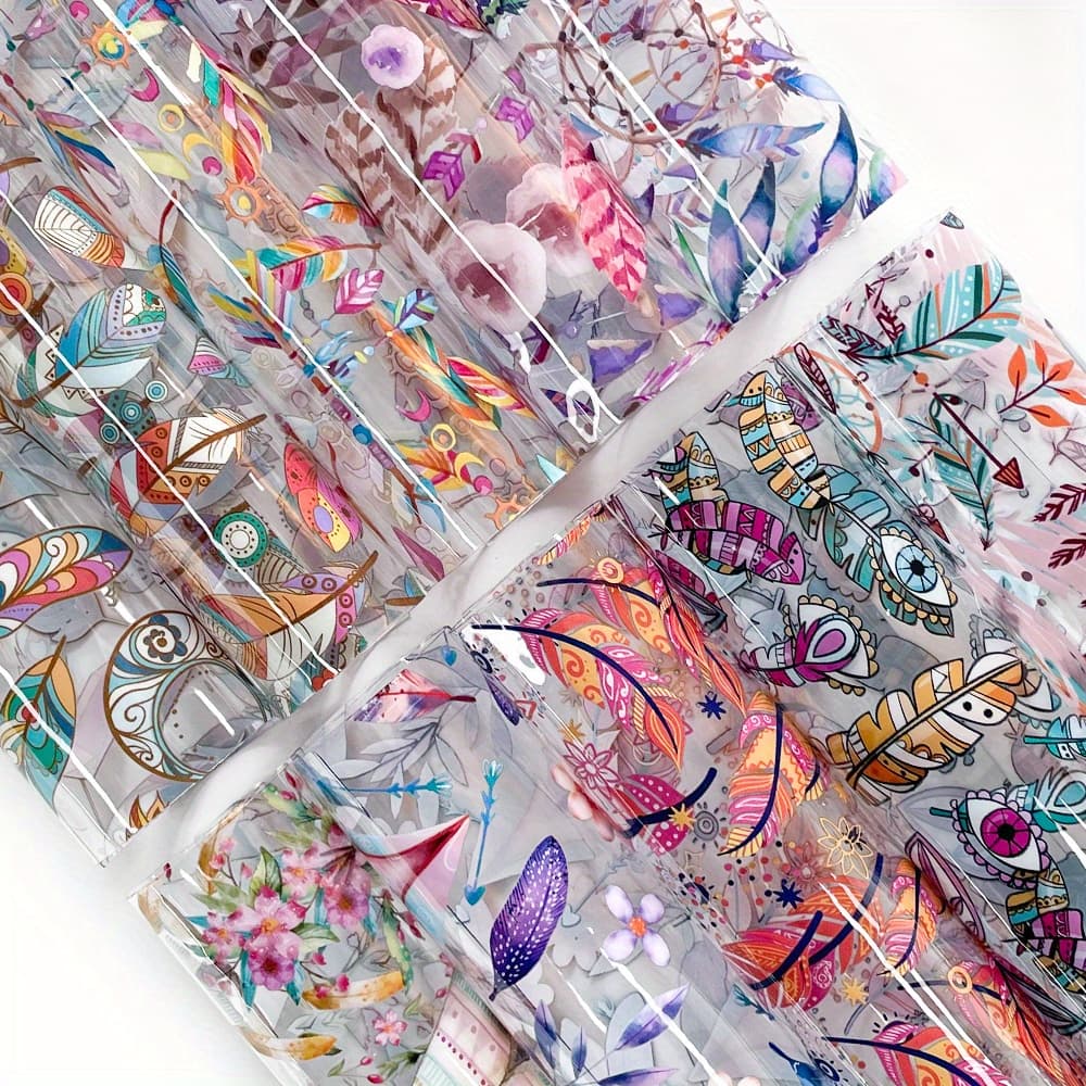 TEMU 10pcs Feather Faux Leather Sheets Colorful Ethnic Boho Style Clear Pvc Vinyl Sheets For Bow Crafts Sewing Projects Decoration Making, 8.2 X 11.8 Inches (21 X 30cm)