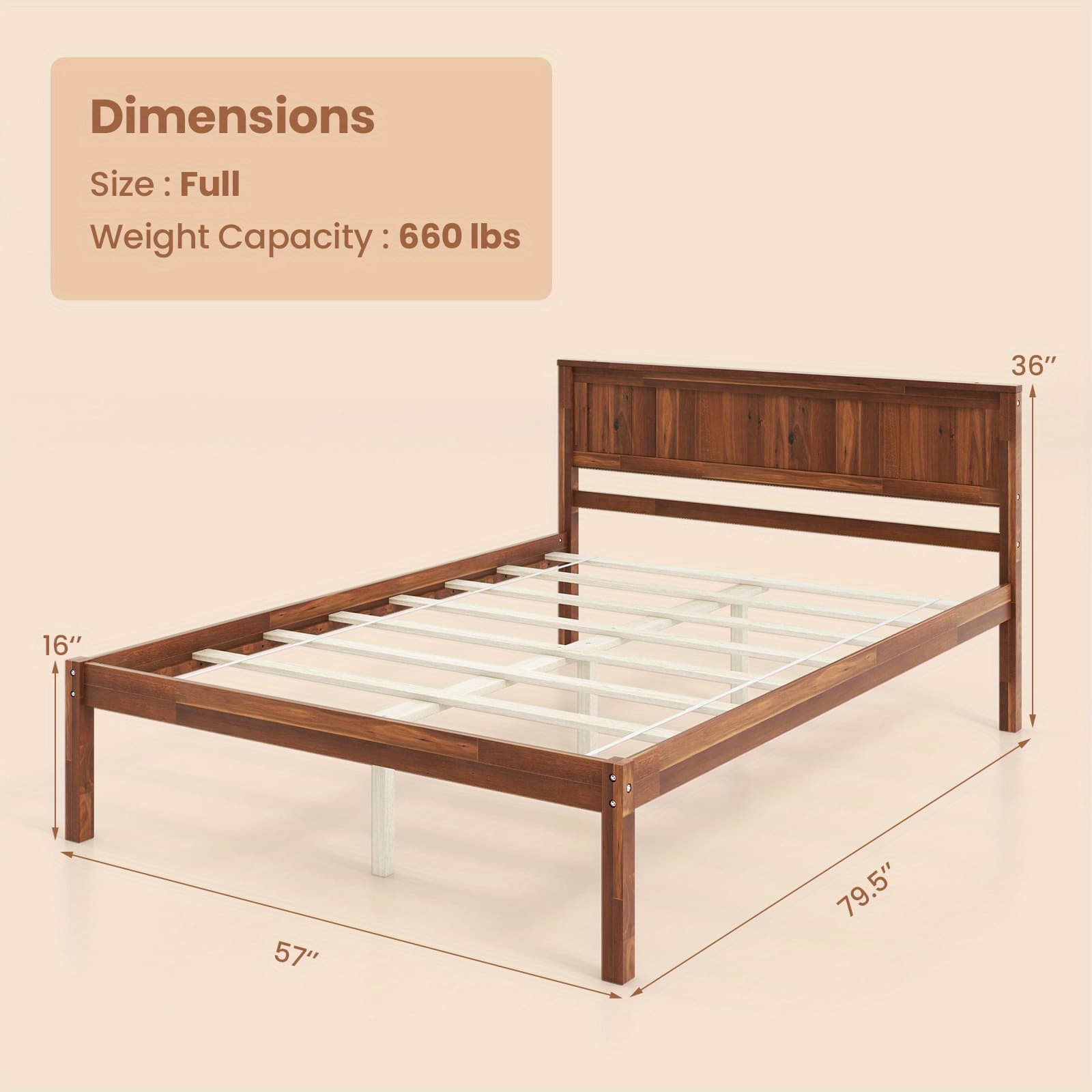 TEMU Costway Twin/full/queen Bed Frame, Solid Wood Platform Bed With Wooden Headboard & Wood Slat Support, Non-slip Mattress Foundation With 12" Under Bed Storage, Spring Need, Walnut/natural
