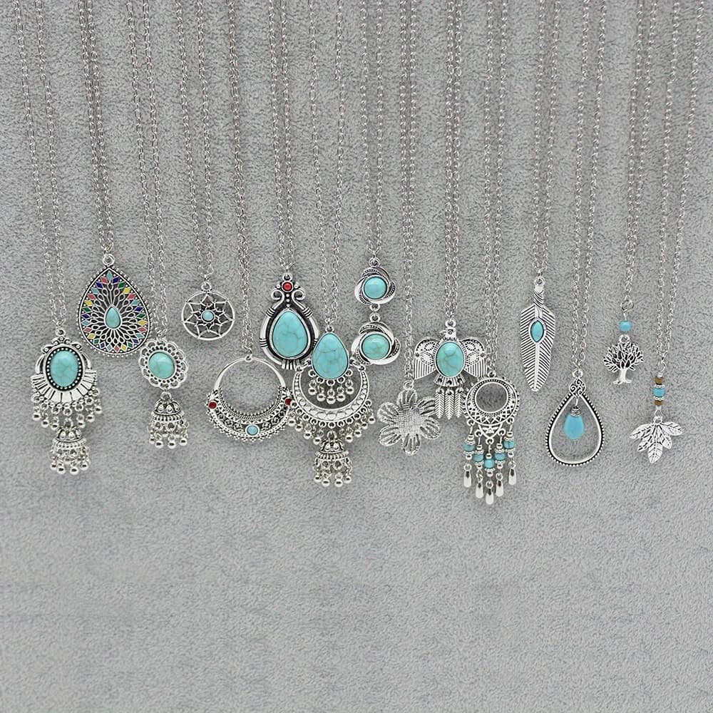 TEMU 15pcs Bohemian Vintage Jewelry Set For - Turquoise Stone Pendants, Ethnic Vintage Necklaces & Boho Accessories, Stone Jewelry For Party Casual Attire, Year-