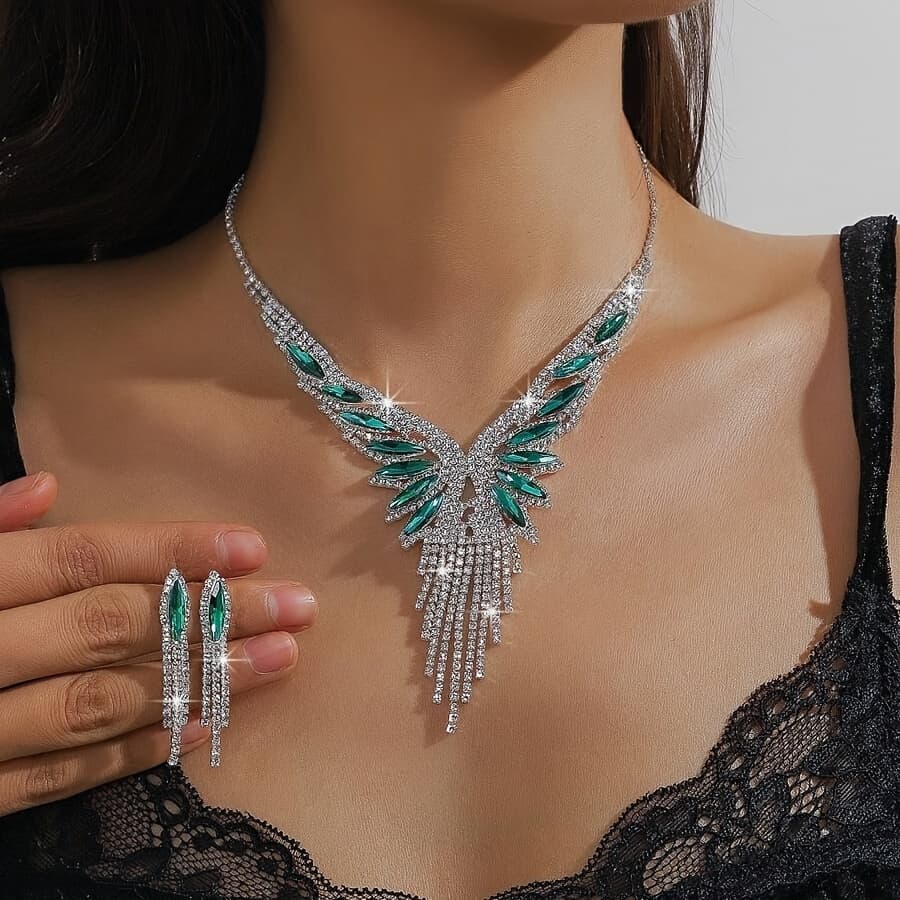 TEMU Luxurious Crystal Rhinestone & Green Gemstone Tassel Jewelry Set For Women, 3-piece Set With Necklace And Earrings, Elegant Style, Perfect For Weddings, Parties, And Special Occasions
