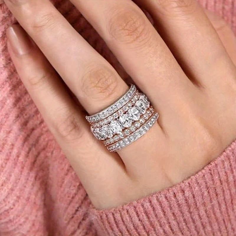 TEMU Elegant Wide Band Ring With Sparkling Cubic Zirconia - Luxurious Design For Women, Daily Wear & Parties, Anniversary Gift