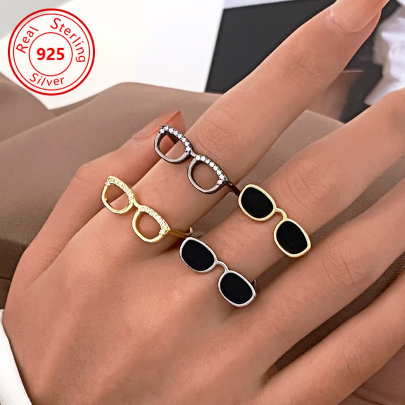TEMU 4pcs Mini Glasses 925 Sterling Silvery Ring, And Creative Opening Adjustable Index Finger Ring,
