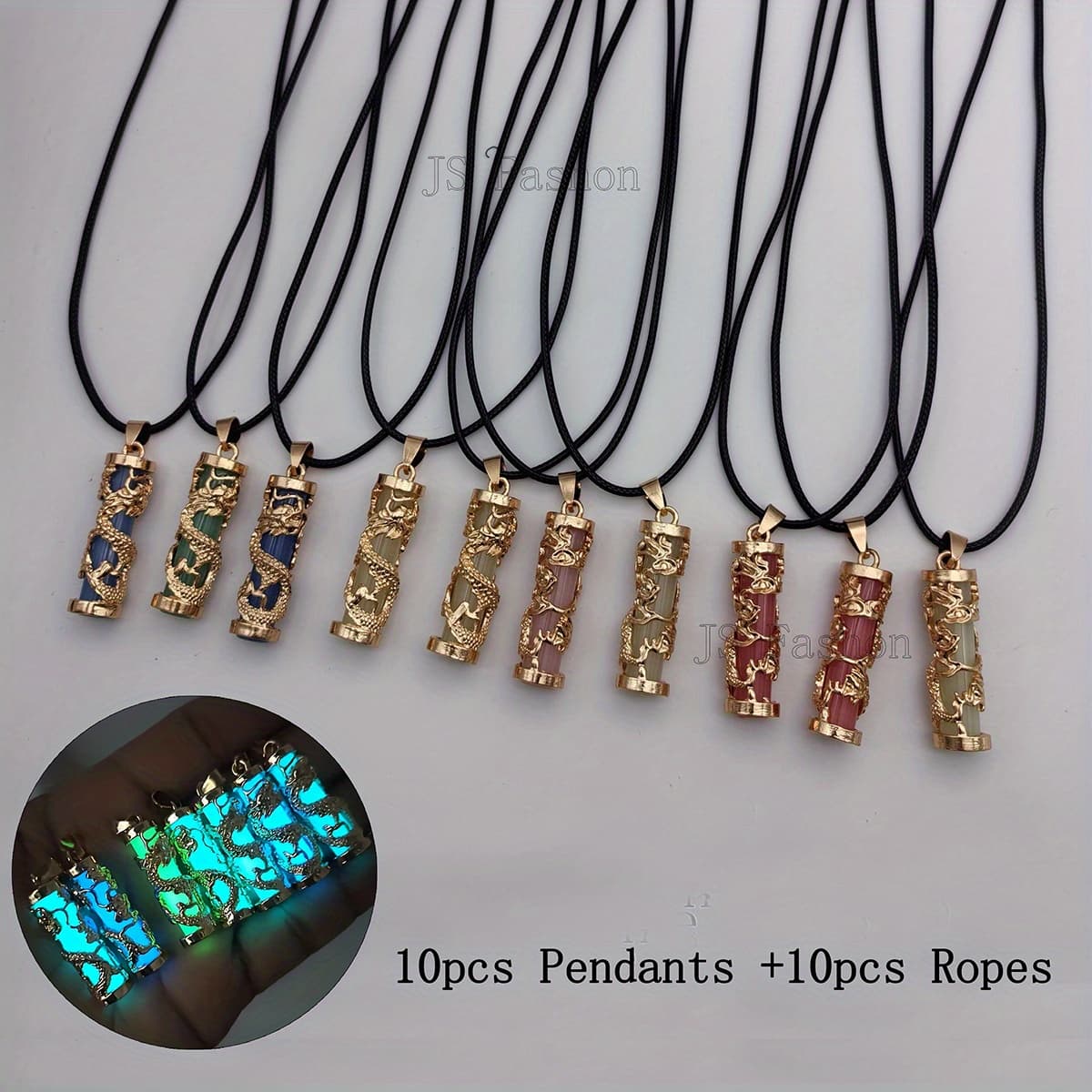 TEMU 10pcs/ Set -the- Pendant Necklaces - Luminous Stone Pillar & Alloy, Men's Fashion Jewelry Accessories (pendants + Pu Leather Ropes)
