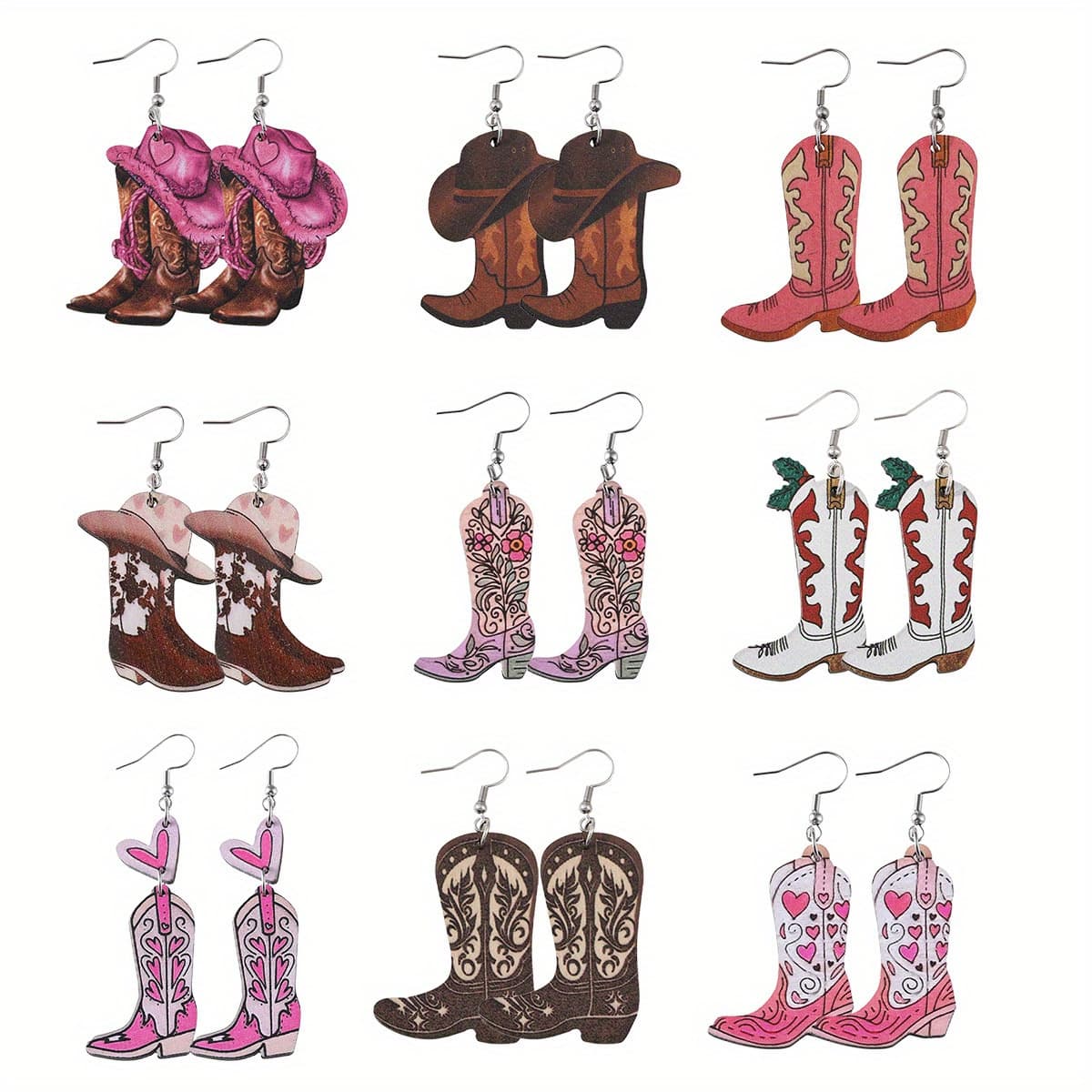 TEMU 9 Pairs/ Set Western Style Cow Cowboy Hat And Cowboy Boots Wooden Double-sided Pendant Earrings Western Cowboy Earrings Women's Gift Set