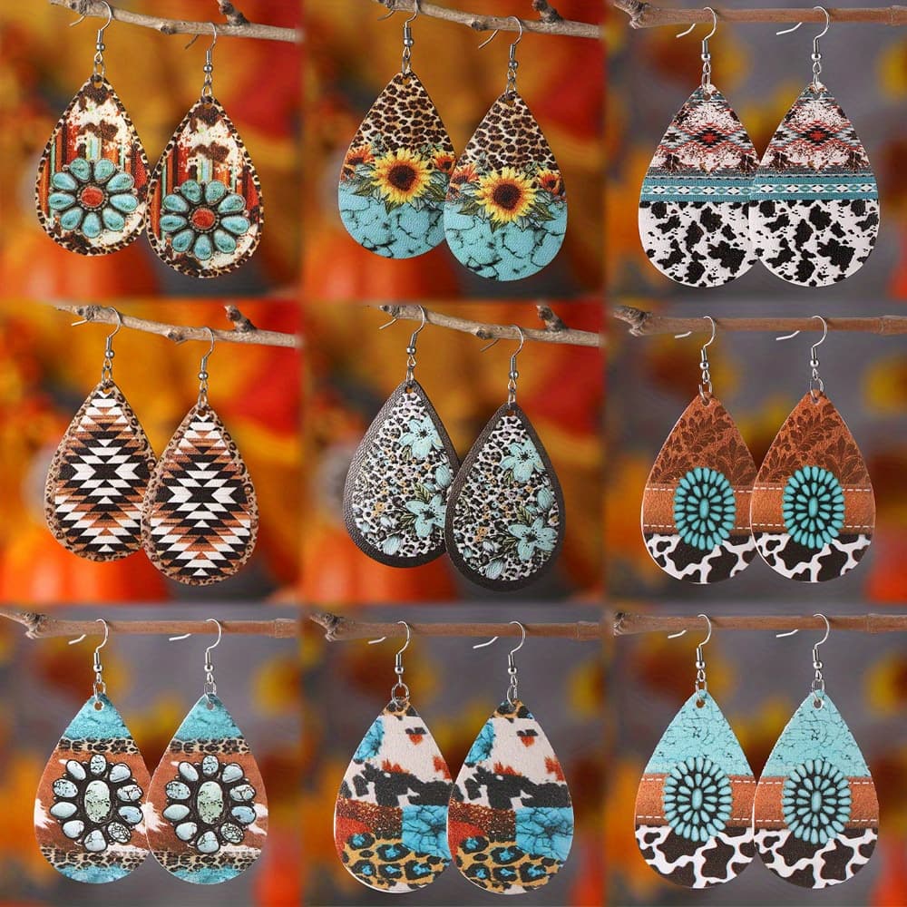 TEMU 9 Pairs Of Western-style Farm Women's Earrings Set 9 Pairs Of Retro Hen Rooster Leopard Print Sunflower Drop-shaped Drop Earrings Style Pu Double-sided Earrings