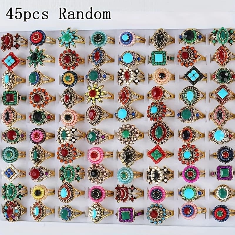 TEMU 45pcs Golden/ Silvery Bohemian Mixed Ring Style Random Classic Flower/ Geometry Design Beads And Artificial Faux Synthetic Gems Vintage Stacking Finger Rings