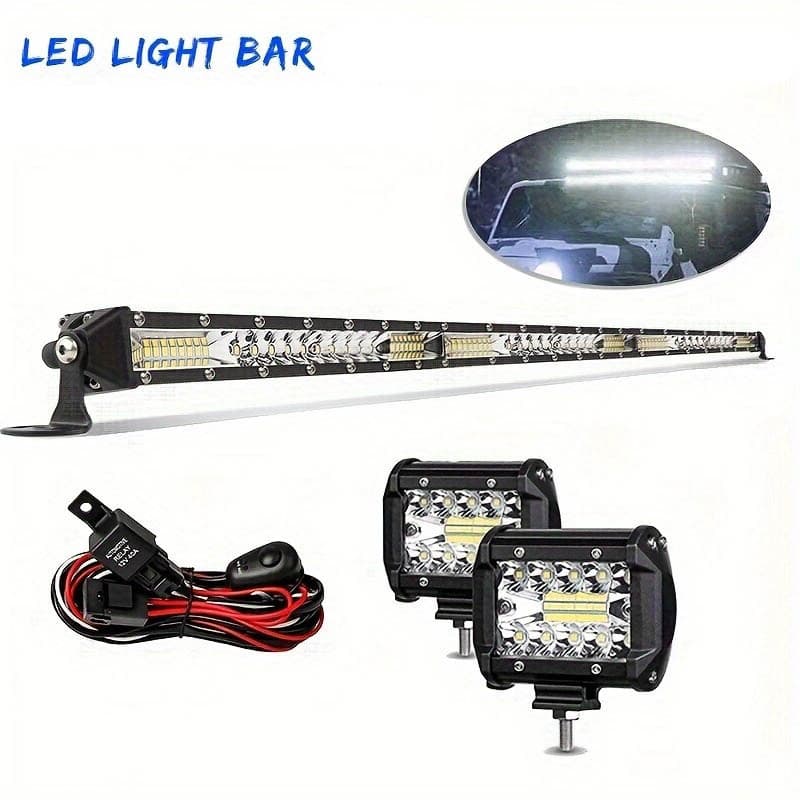 TEMU 42 Inch Straight Led Light Bar Ultra Slim Upper Roof Combo Beam Led Off Driving Light Boat Light With 2pcs 4 Inch 60w Led Pod Lights+wiring For Truck Atv Utv Boat