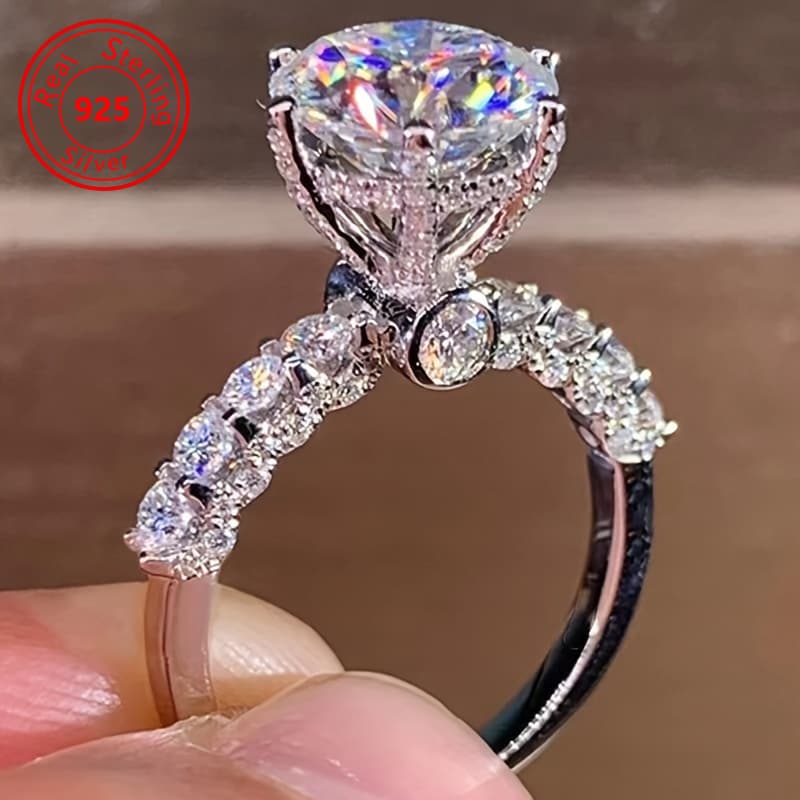 TEMU 1pc Stylish Synthetic Cubic Zirconiaia Ladies 925 Sterling Silvery Ring For Wedding And Engagement Rings, For Teenager