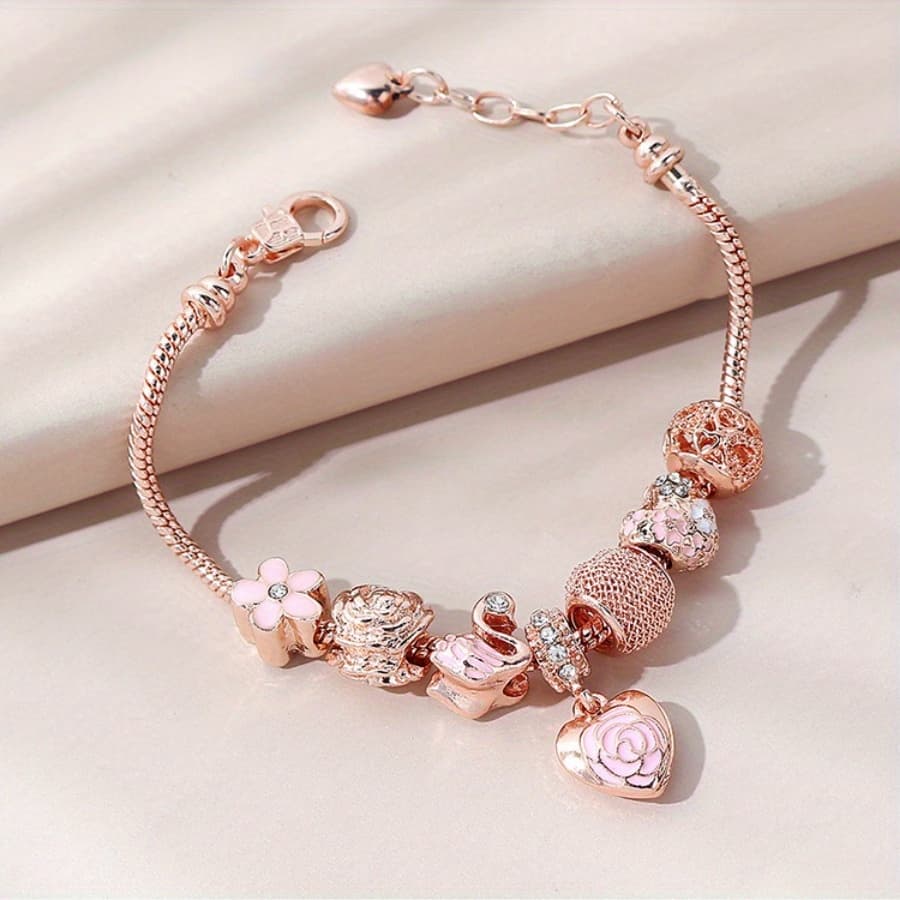 TEMU Elegant Adjustable & Swan Charm Bracelet - Fashionable Beaded Jewelry For Women, Perfect For Any Occasion