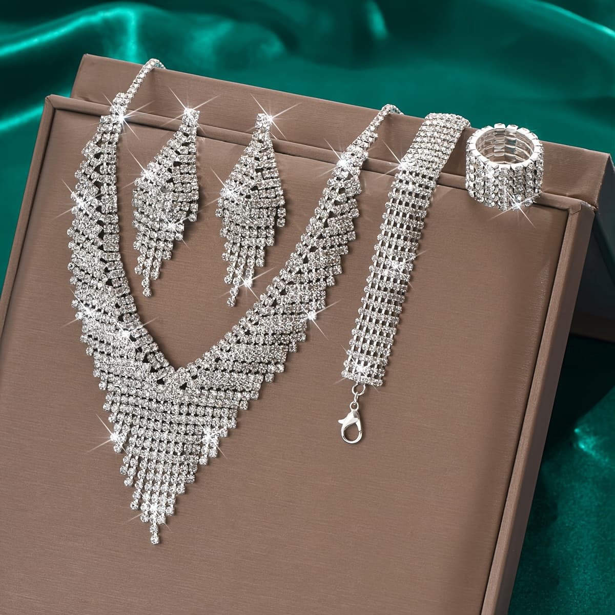 TEMU 5pcs Women's Elegant Luxury Bridal Jewelry Set - Synthetic Zirconia Dangle Earrings, Necklace, Ring & Bracelet Suitable For Engagement Wedding,, Special Occasions - Wedding Gift & Casual Attire