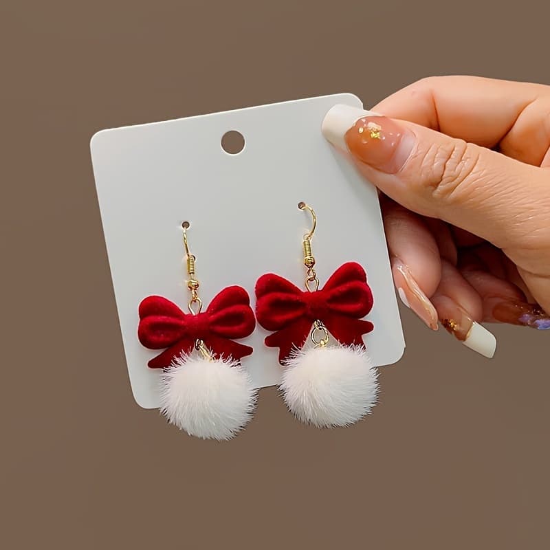 TEMU Red Flocking Bow White Furry Ball Design Dangling Earrings Winter Women Earrings Christmas Gift