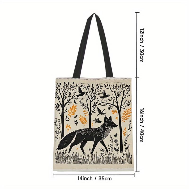 TEMU 1pc Fox Forest Folklore Tote Bag - Durable Rectangular Shoulder Bag & Forest Print, Stylish For Travel, Shopping, Book-fitting Carrier, For Everyday Use (/christmas/valentine')