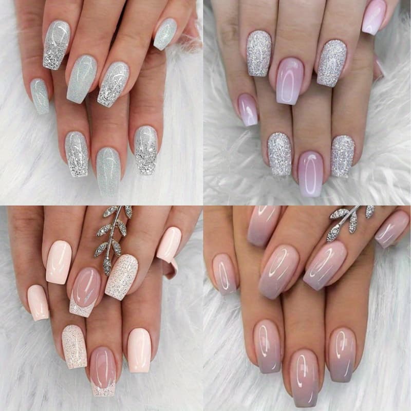 TEMU 96pcs (4pcs) Exquisite Gradient Press On Nails - Medium Length French Tips Glitter Acrylic Nails With Full Cover Glue On Design For Women