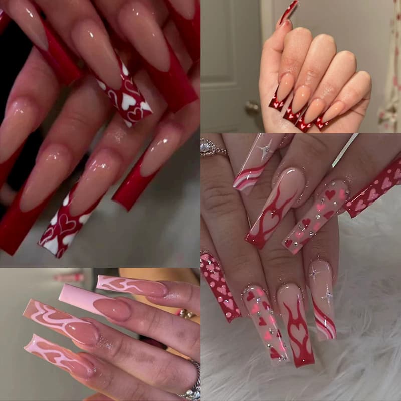 TEMU 96pcs Valentines Square Red On Nails (4pcs) Long Fake Nails Design Glue On Nails Glossy Full Cover False Nails Acrylic Stick On Nails For Women