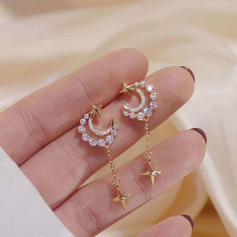 TEMU 2pcs Star Moon Shaped Dangle Earrings - Exquisitely Fashionable Design With Mesmerizing Movement - Perfect Jewelry Gift For Any Occasion, For Teenager