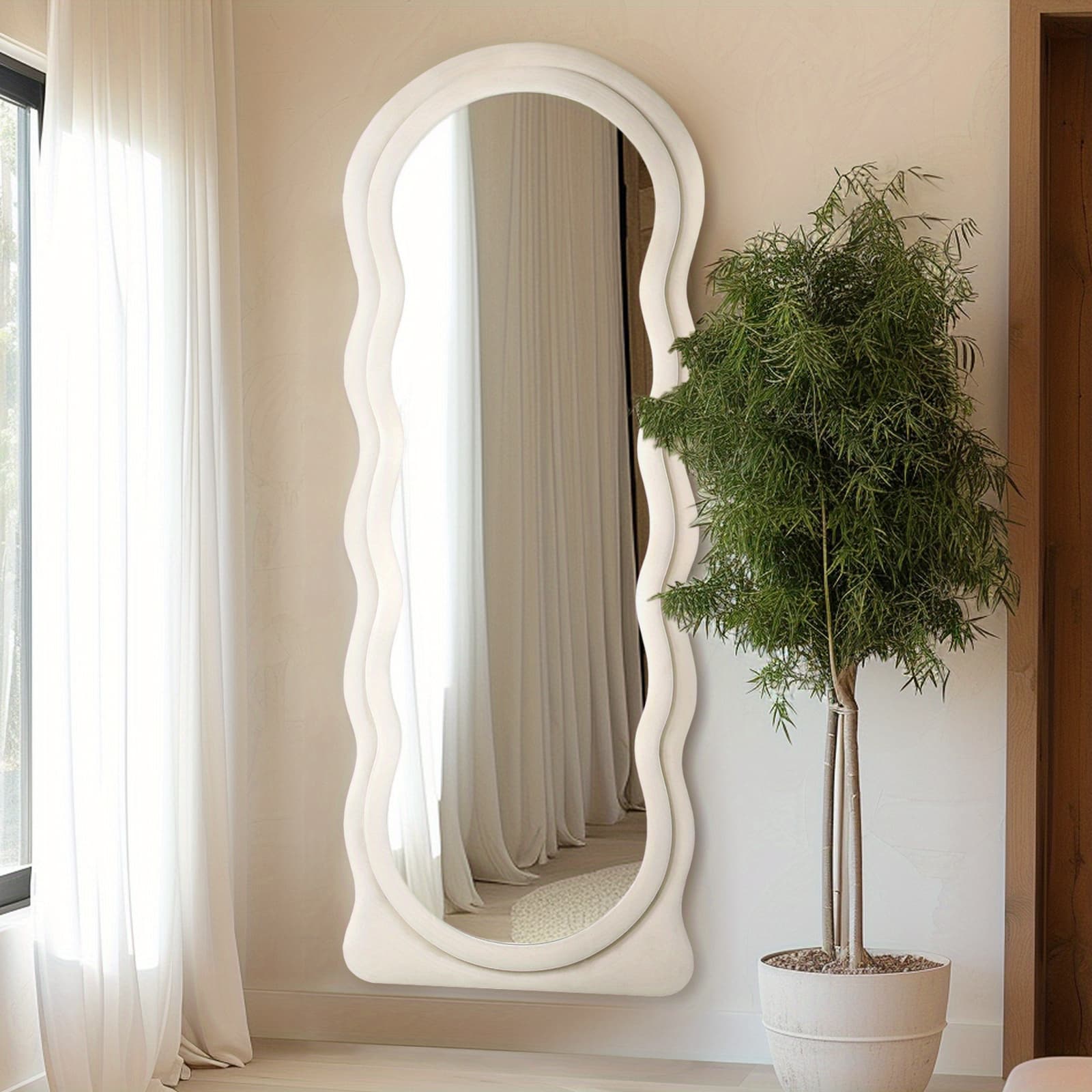 TEMU 63"x24" Irregular Mirror Full Length, White Oversized Flannel Wave Floor Mirror With Stand, Hanging Or Against The Wall, Full Body Standing Mirror For , Bedroom, Living Room