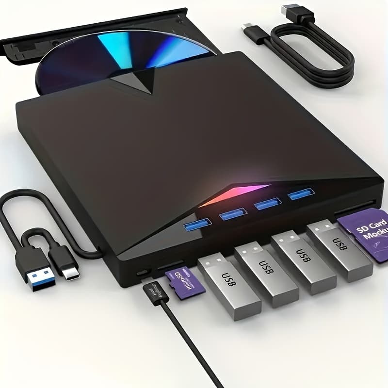 TEMU 7-in-1 Usb- External Dvd Drive With 4 Usb Ports & Dual Tf/sd Card Reader - Cd/dvd Burner Suitable For Laptops, , Pcs, Compatible For /10/8/7, , For, Office, Travel, Usb- Operation