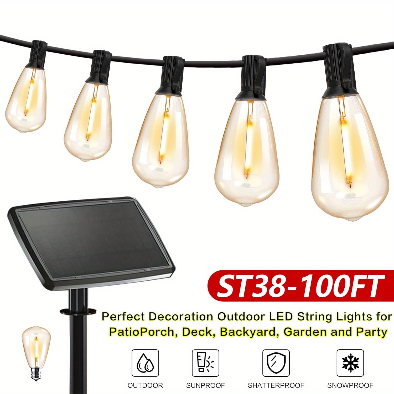 TEMU 50/100 Ft Solar Outdoor String Light, Usb-rechargeable Patio Rope Light, 2700k Warm White, Weather Resistant Material, /24+1 Breakproof St38 For Patio, Backyard, Porch, Outdoor Pool
