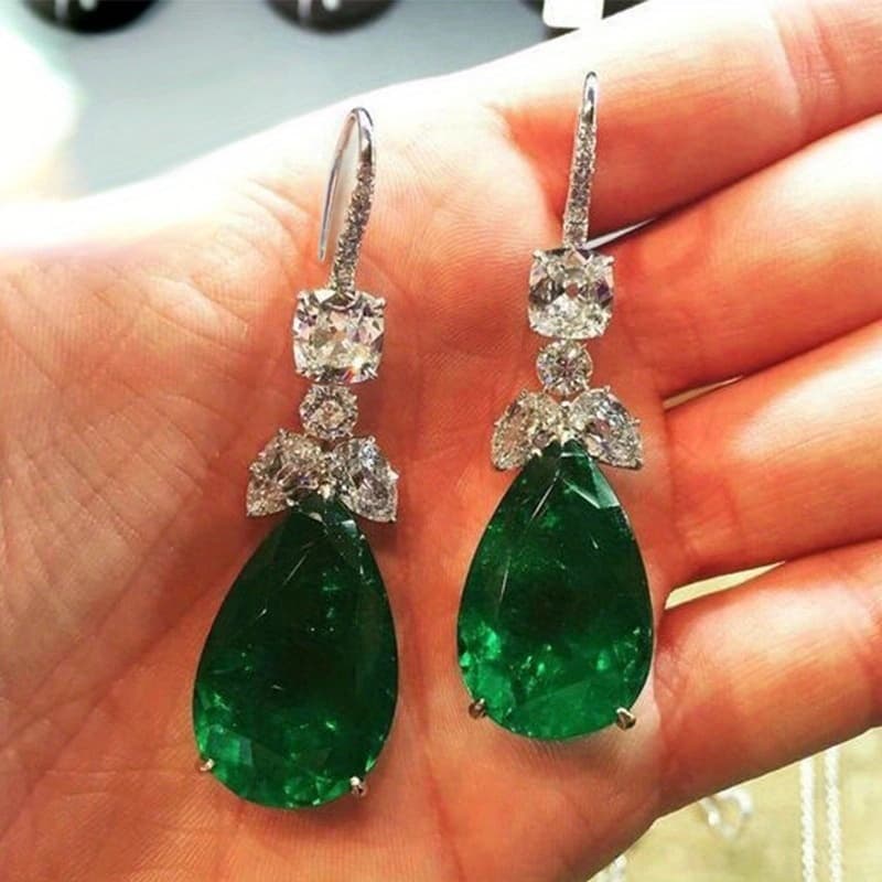 TEMU 1 Pair Of Exquisite Teardrop Shaped Green Zircon 925 Silver Plated Hook Hanging Earrings For Ladies And Brides, Wedding Earrings, Jewelry