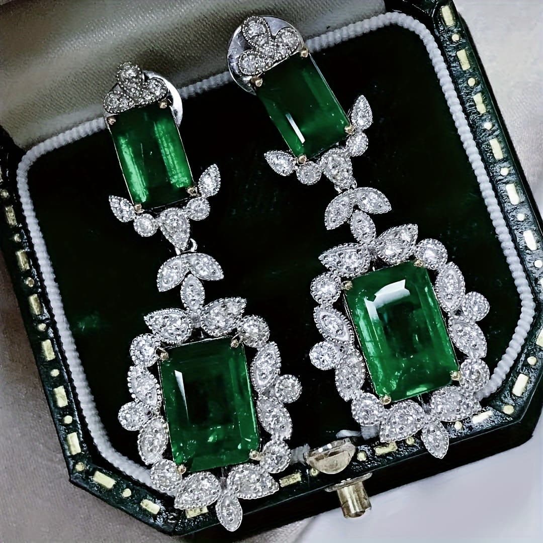 TEMU 1 Pair Of Cubic Green Zirconia Inlay Pendant 925 Sterling Silvery Earrings Elegant And Luxurious Style Jewelry For Banquet Earrings
