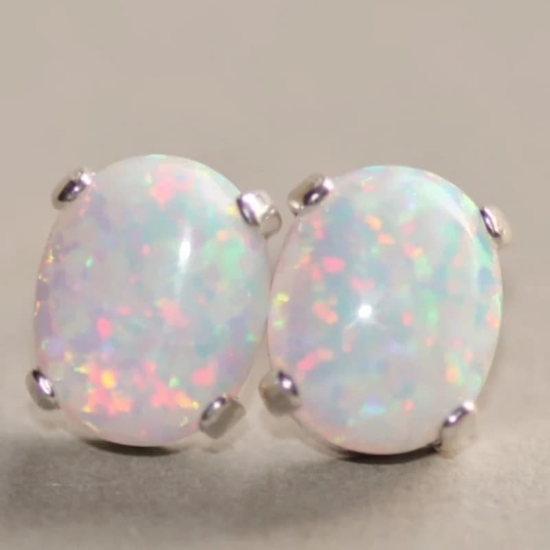 TEMU Gemstone Earrings, Post Earrings, Lab Opal Gemstone, Oval Earstud, Petite Gift