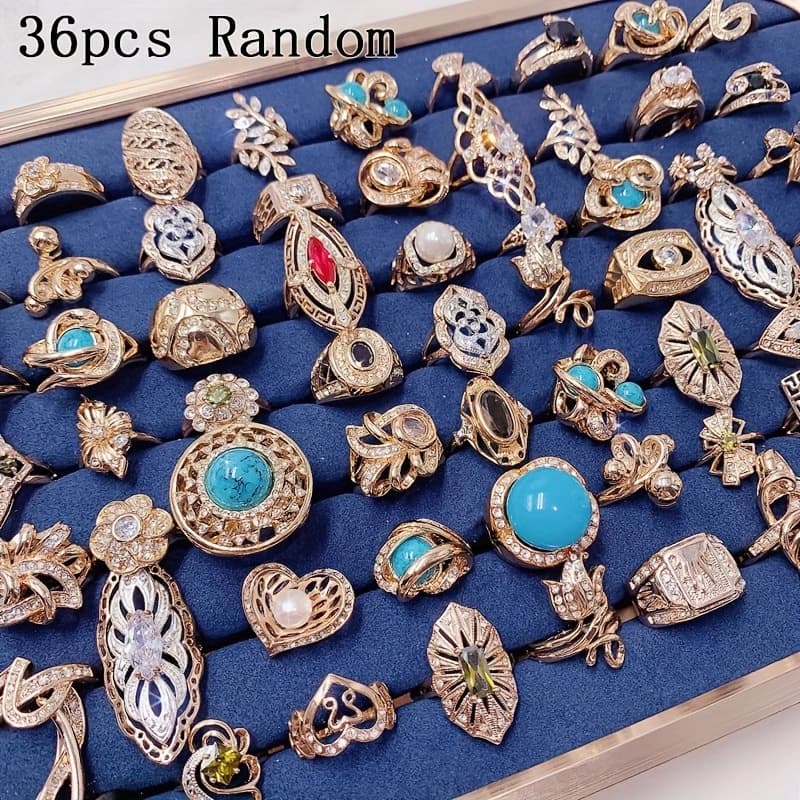TEMU 36pcs Copper Alloy Rings Inlaid With, Turquoise, Rhinestones Finger Ring, Women Wedding Party Banquet Jewelry Festival Exquisite Gifts (size 16-19 Random)