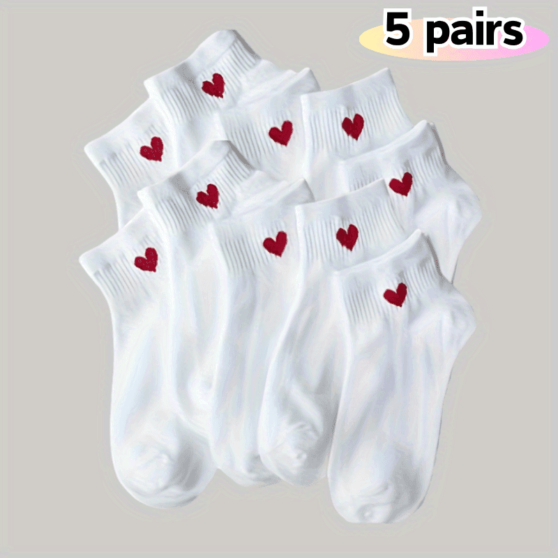 TEMU 5 Pairs Of White Heart-patterned Socks, A Valentine's Day Gift, Athletic Socks, Classic And Versatile, Soft And Comfortable, Suitable For Summer, Can Be In Autumn And Winter