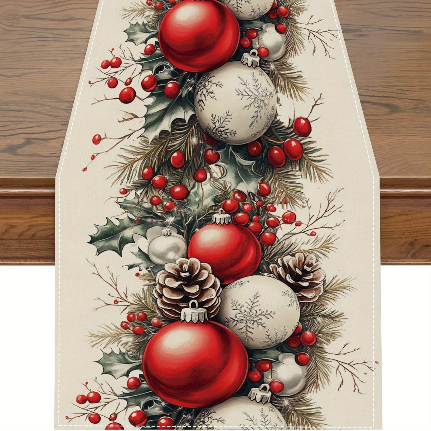 TEMU 1pc, Merry Christmas Table Runner, Christmas Ball Pattern Table Cover, Christmas Table Runner, Holiday Desktop Decoration Fabric Table Runner, Home Decoration, Christmas Decor, Gift