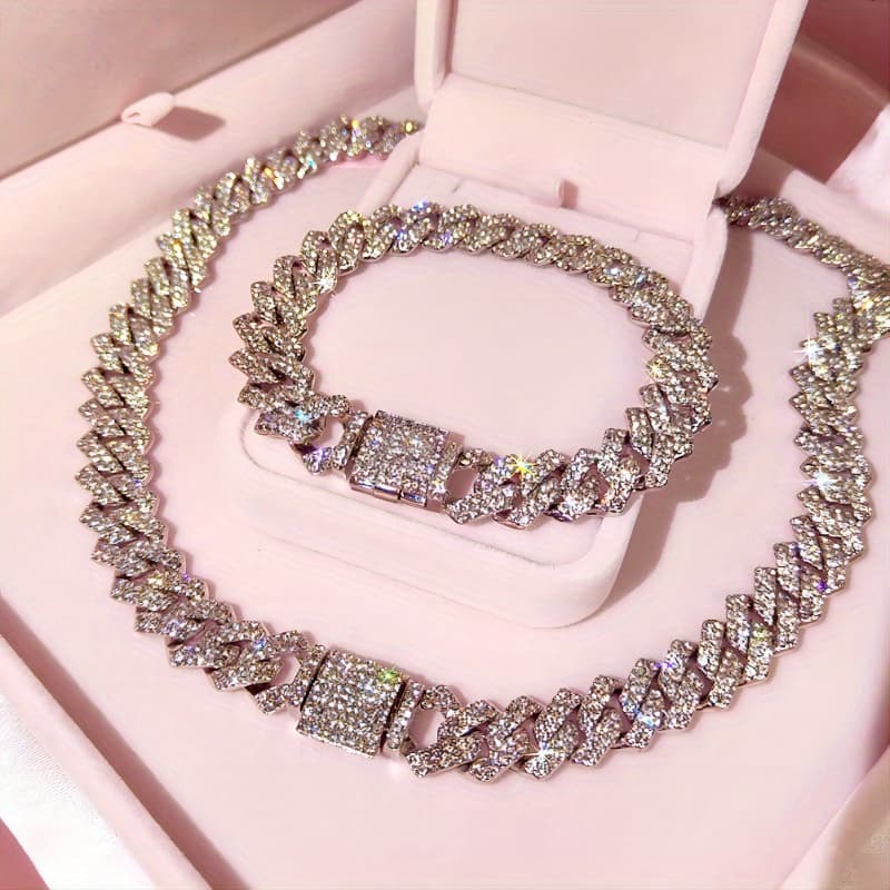TEMU Set Of 2pcs Including A Necklace And Bracelet In Hip-hop Style, Featuring A Thick Chain Design With Shiny Rhinestones, Suitable For Everyday Wear And Party Outfits