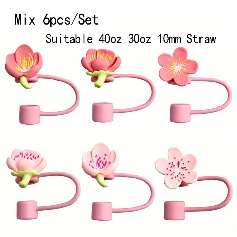 TEMU Mix 6pcs/ Sets Bpa-free Silicone Straw Cover Reusable, Blooming Model Straws Toppers, Suitable 40oz 30oz 10mm Straw