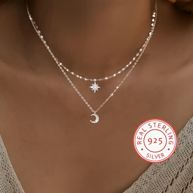 TEMU New 2pcs 925 Sterling Silver 2-in-1 Layered Necklace Star Moon Necklace For Ladies S Layered Chain Necklace, For Women