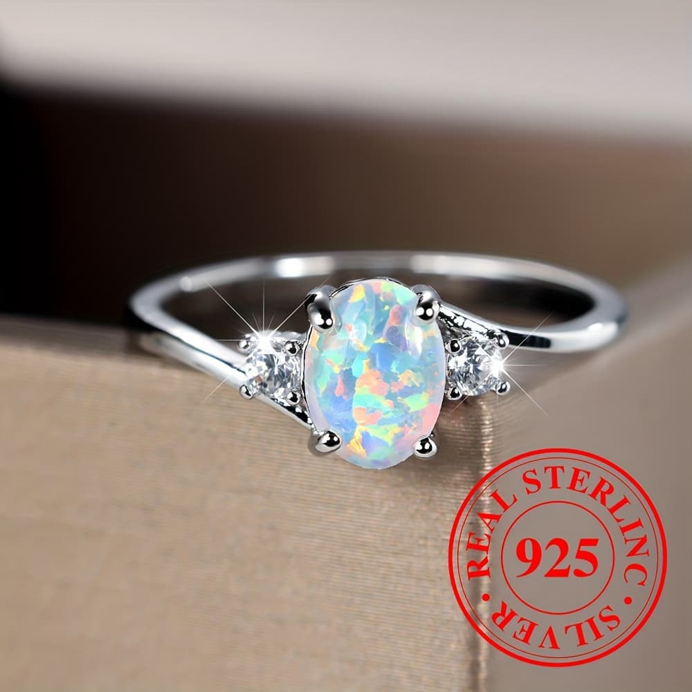 TEMU 925 Sterling Silver Ring Set With Opal Egg-shaped Accessory, Suitable For Daily Wear, High-quality Gift For Parties, Symbolizing Beauty And Purity