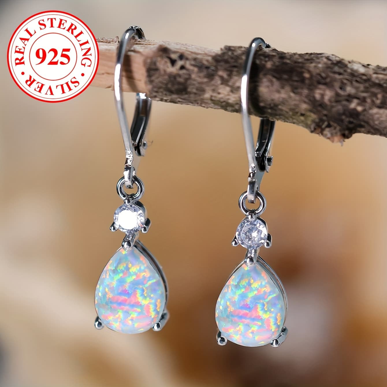 TEMU Elegant S925 Sterling Opal Earrings - Hypoallergenic, Suitable For Parties And Gifts, Luxurious Bohemian Style