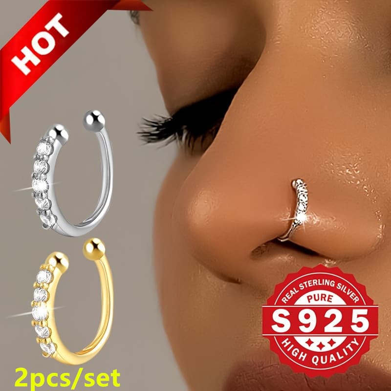 TEMU 2 Stylish Faux Nose Rings In A , Made Of 925 Sterling Silver With Zirconia Embellishments, No Piercing Required, Trendy Hip-hop Jewelry