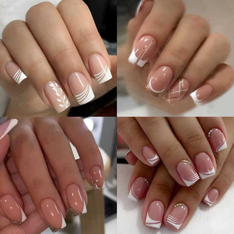 TEMU 96pcs (4pcs) White French Fake , Short Square Fake Nail With Floral White , Perfect For Women's Gloss Complete Fake Nail