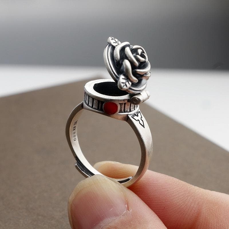 TEMU 1pc Exquisite Rose Flower Floral Engraved Lid Geometric Vintage Antique Silvery Opening Adjustable Ring Women Daily Gift Party Vacation