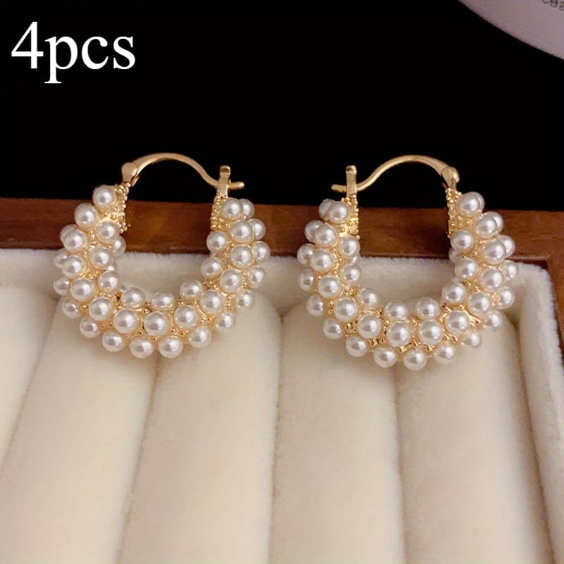 TEMU Set Of 4 Elegant French Earrings With Pearls, Featuring Vintage-style Rings And Hook Earrings, Perfect For Jewelry Gifts At Banquets And Weddings
