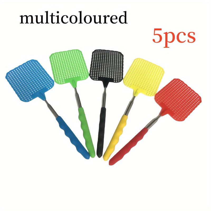 TEMU Set Of 5 Sturdy Retractable Fly Swatters, Designed For Heavy Use, Featuring Long Handles, Suitable For Home, School, And Office, In 5 Colors
