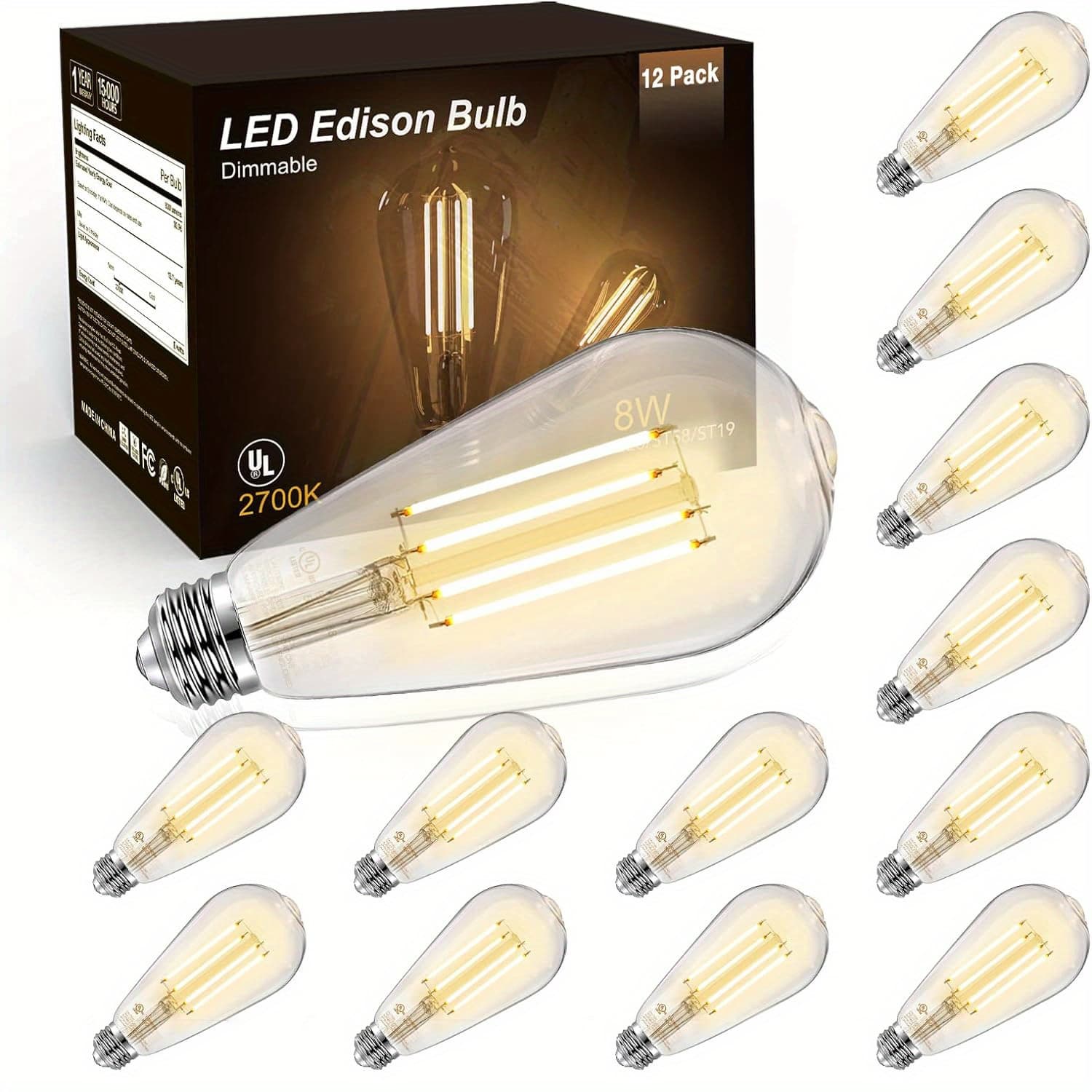 TEMU 12pcs Vintage 8w Led Edison Bulbs - 60w Equivalent, 800 , 2700k Warm White, Dimmable, E26 Base, Cri80+, For Home/ Bedroom/ Office/ Cottage