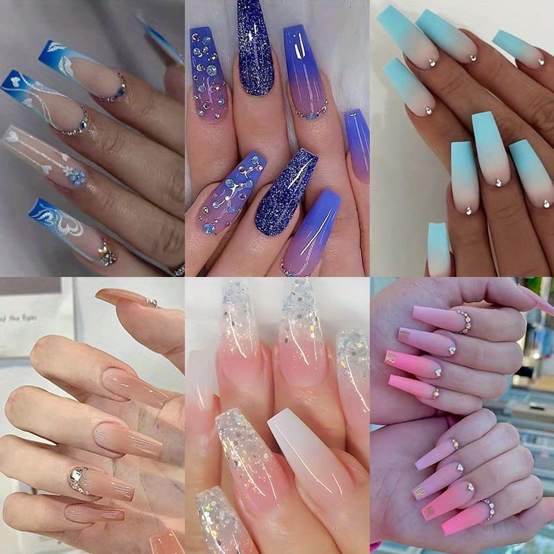 TEMU 144pcs Long Coffin Fake Nails, (6 Pack) Gradient Press On Nails With Shiningrhinestone Design, Glossy Glue On Nails Full Cover Square False Nailsfor Women Girls