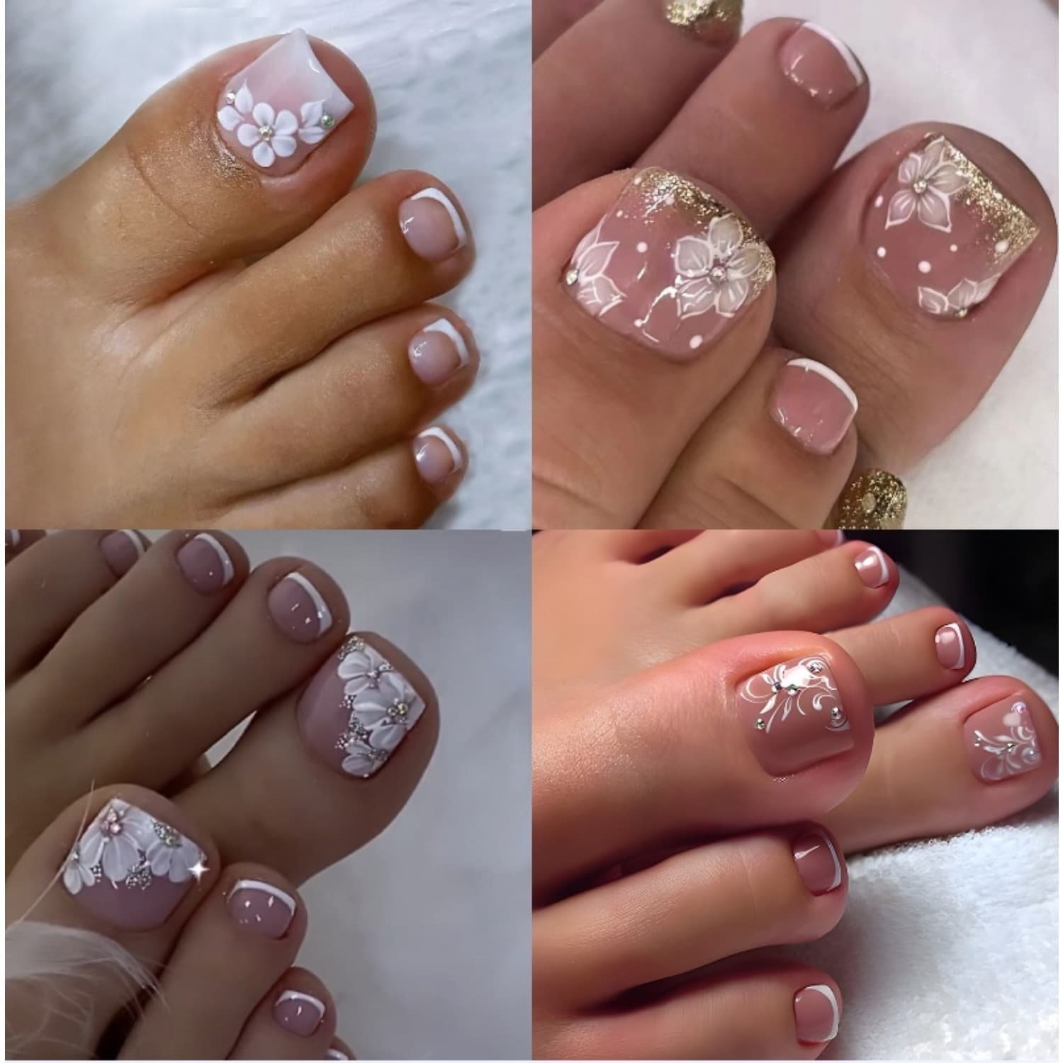 TEMU Set Of 96 -on Toenails Featuring White Floral Glitter Patterns, Adorable Short Square False Toenails Are Designed For Easy Application And Come With , Perfect For A Stylish Look