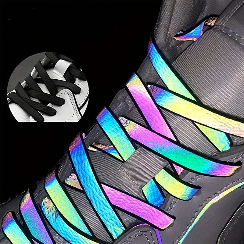 TEMU 1pair Colorful Holographic Reflective Shoelaces - Flat, Two-dimensional, Color-changing Laces For Visibility And Style