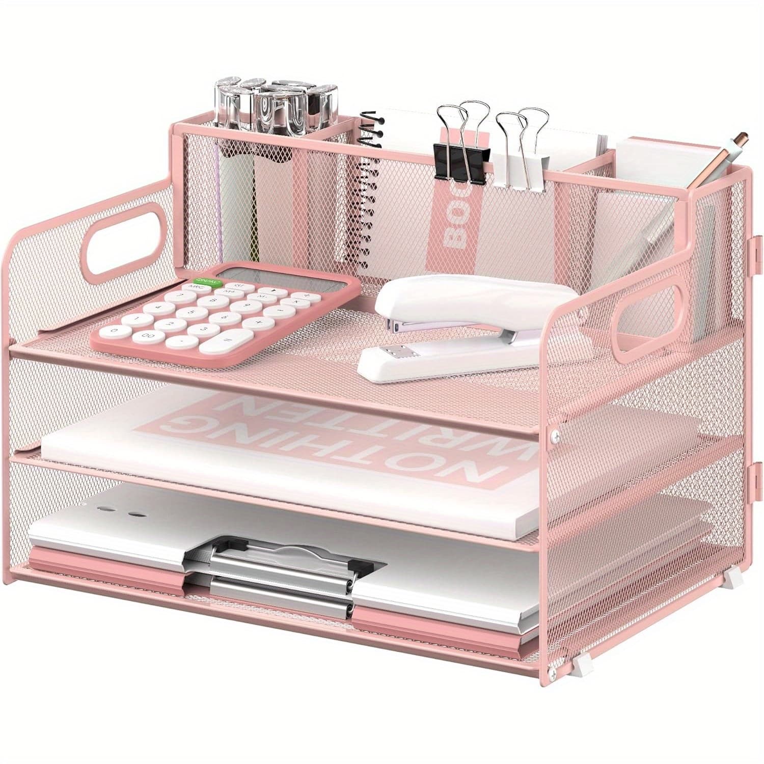 TEMU Daltack Pink 3-tier Desk Organizer With Pen Holders, Mesh Metal Paper Organizer With Handles, Letter Tray For Office Accessories, Desk Accessories Office