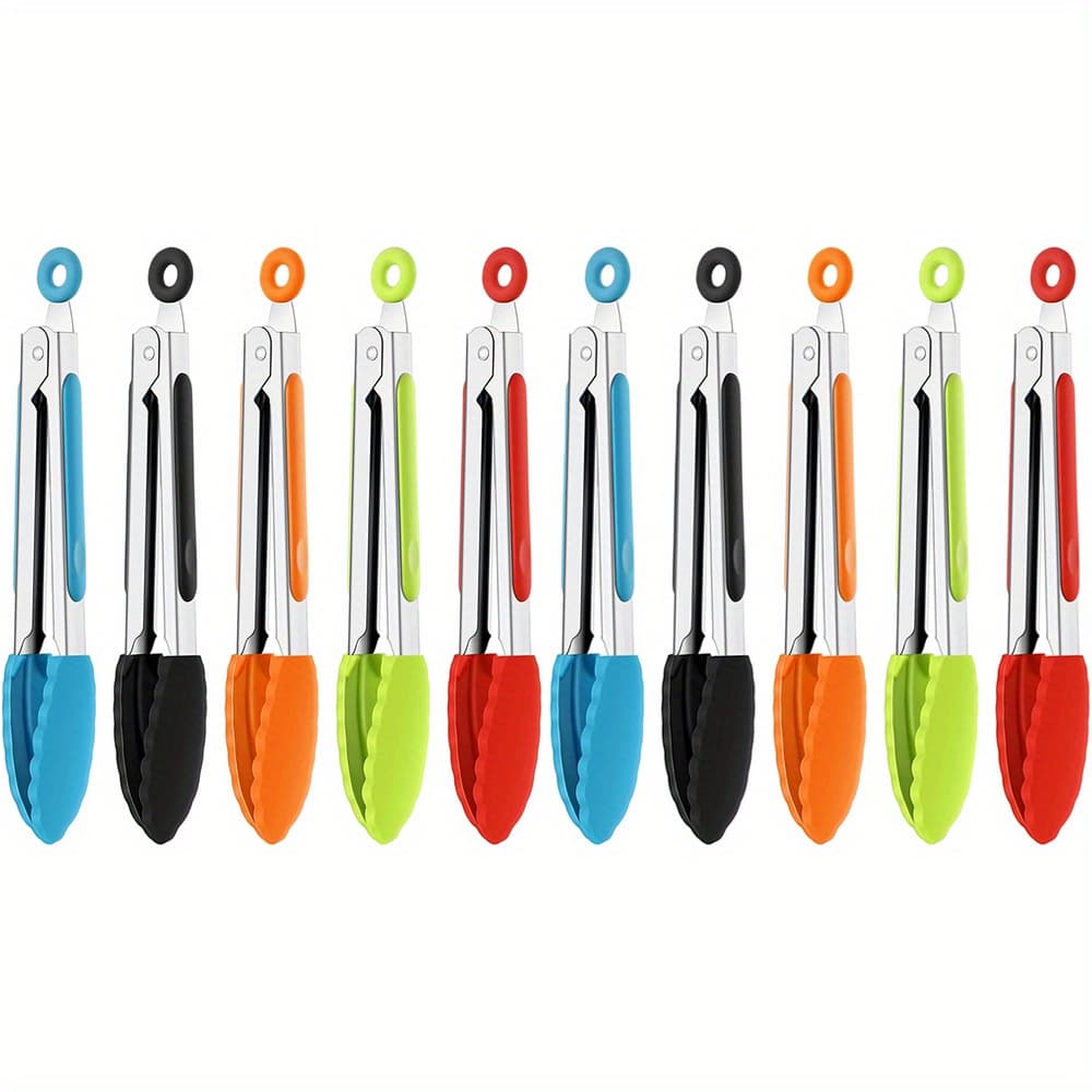 TEMU 10pcs Mini Kitchen Tongs Set With Silicone Tips Stainless Steel Food Tong Kitchen Tongs For Salad Grilling Frying And Cooking