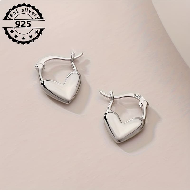 TEMU 1pair 925 Sterling Silver Heart-shaped Hoop Earrings, Unisex Boho Retro Style, Love Jewelry For Gift