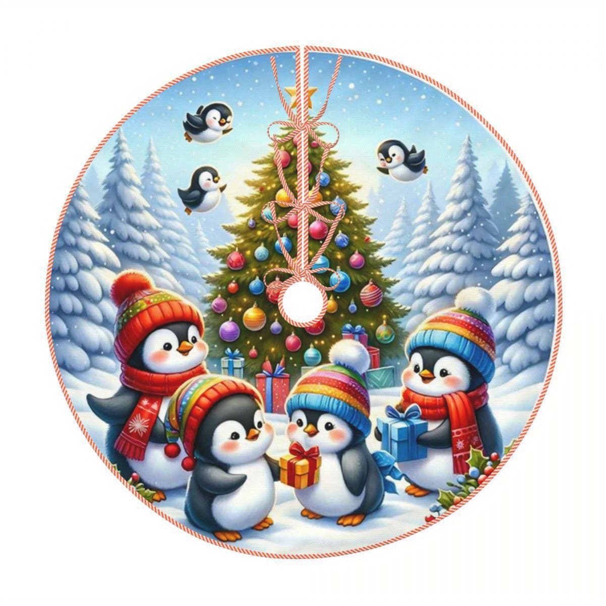 TEMU Soft Plush Christmas Tree Skirt With Penguin & Reindeer Design - Anti-slip, Holiday , Office, And Themed Parties, Christmas Decor