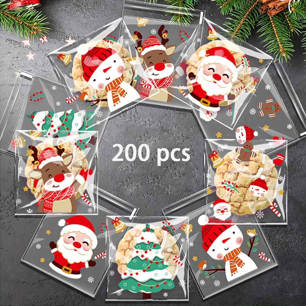 TEMU 200pcs Christmas Cellophane Bags Self Adhesive Cookie Bags Small Candy Bags Sealable Holiday Clear Treat Bags Gift Bags Plastic Present Bags For Christmas Party Diy,