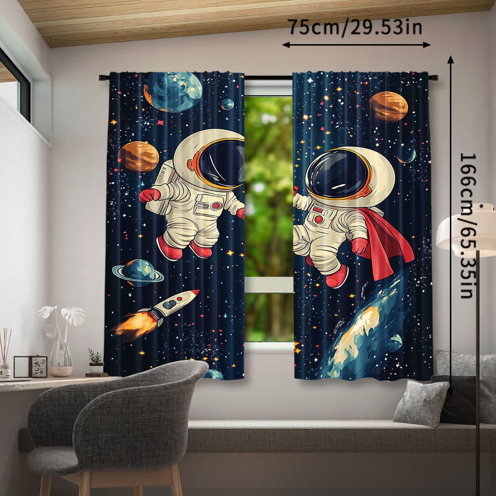 TEMU 2pcs Space Astronaut Window Curtains, 100-120g Polyester, Rod Pocket Drapes, Contemporary Style, Spring Sublimation Print, Seasonal, Decorative, No Lining, For Bedroom, Living Room